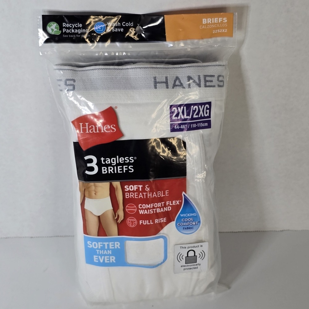 2XL Hanes Briefs Men's 2XL 44-46 White 3 Pack Underwear Comfort‎ Soft Tagless